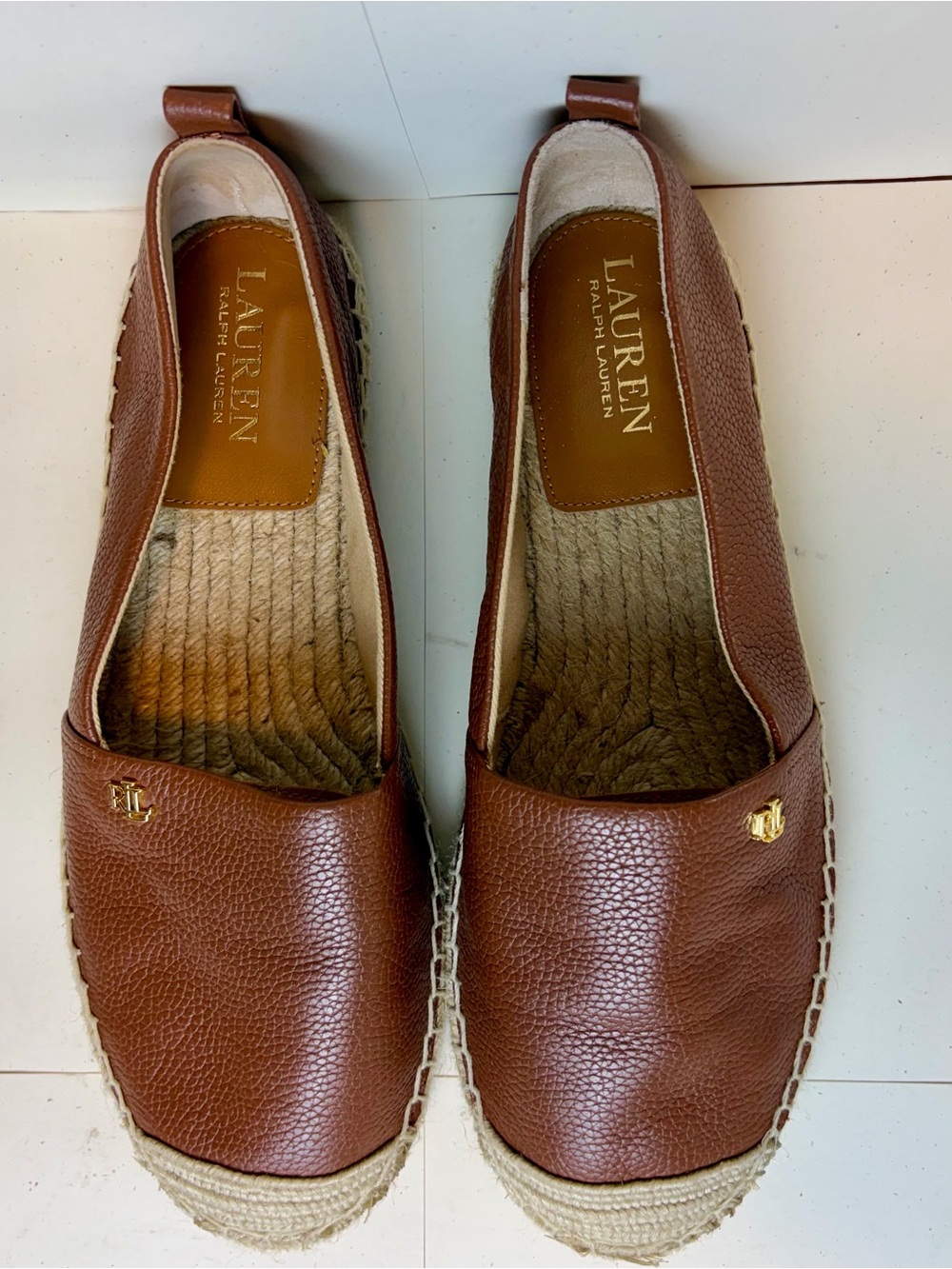 New Lauren Ralph Lauren Brown Pebbled Leather Espadrille Flats size 8